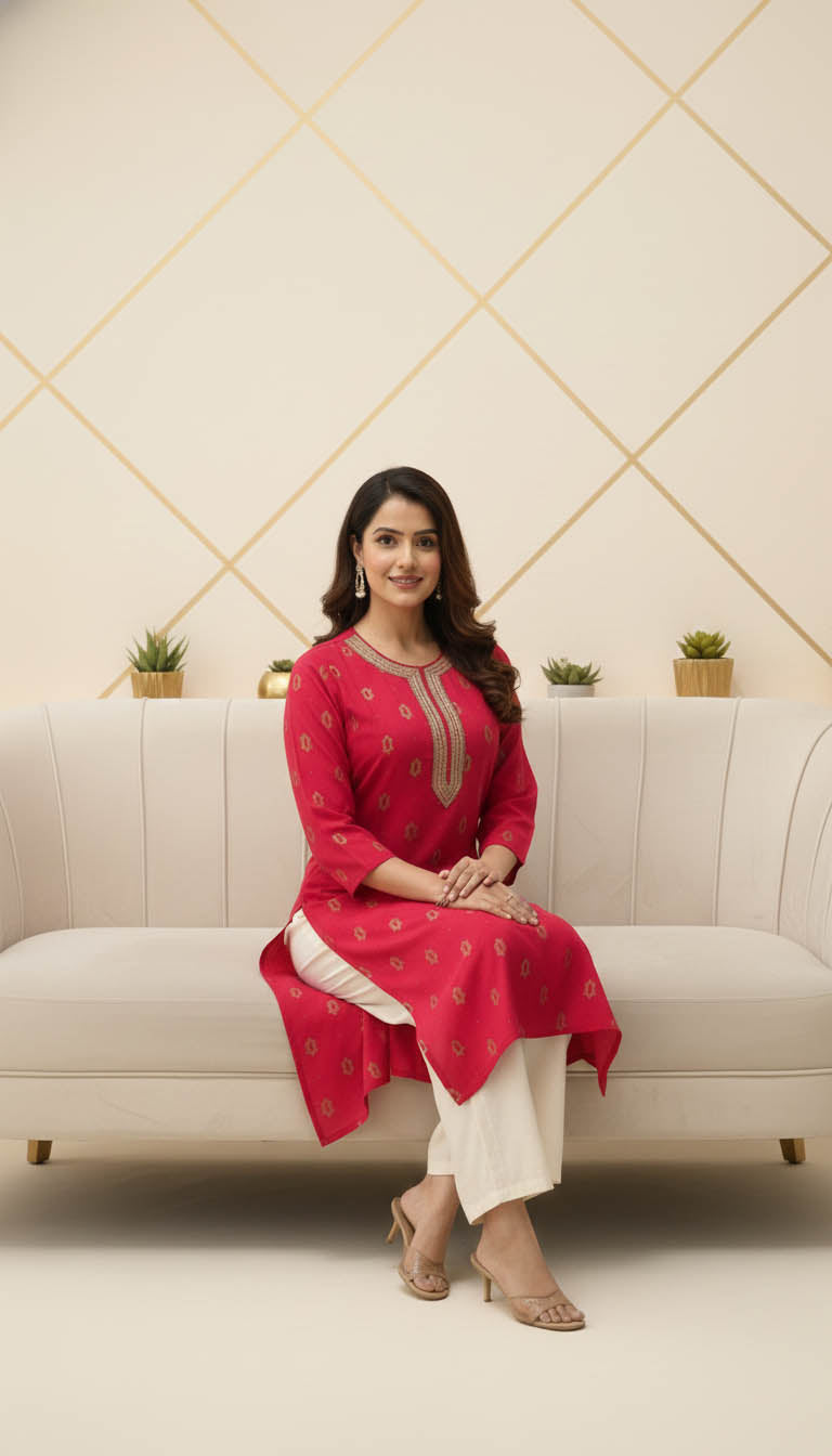 Fuchsia Embroidered Viscose Blend Kurta