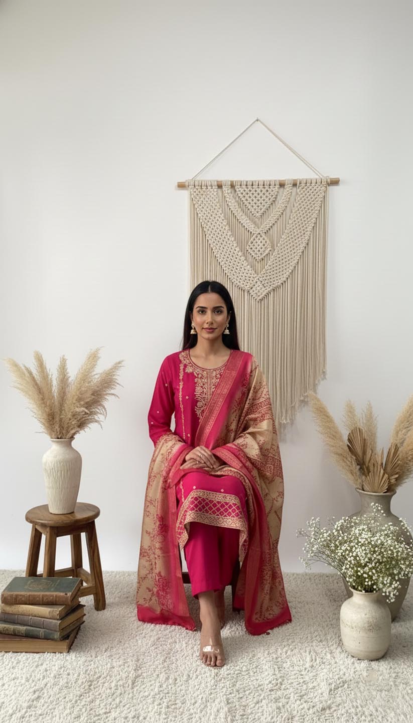 Fuchsia Embroidered Silk Kurta Set with Banarasi-Style Dupatta