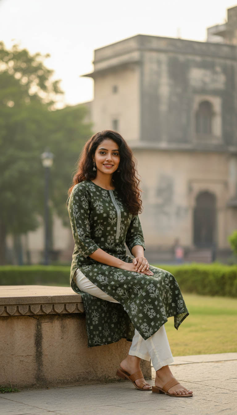 Olive green Chanderi Printed Kurta