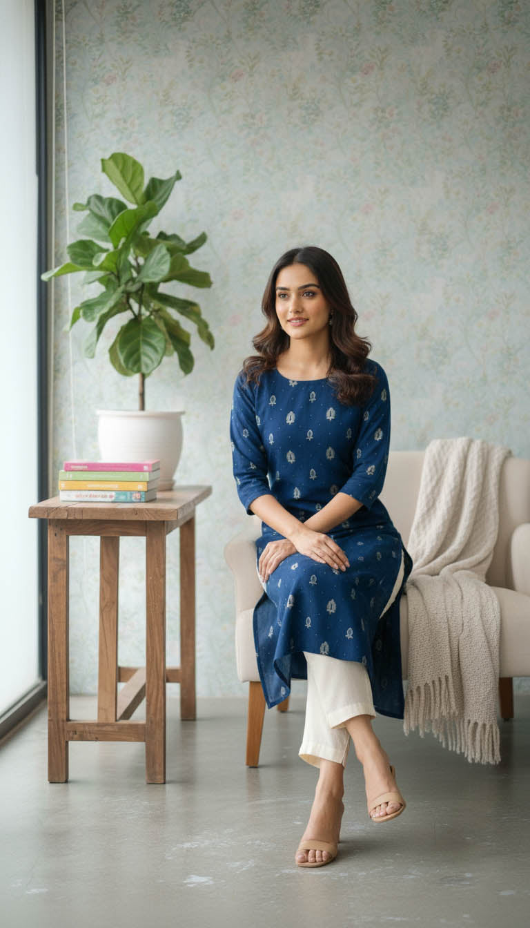 Teal Blue Embroidered Kurta