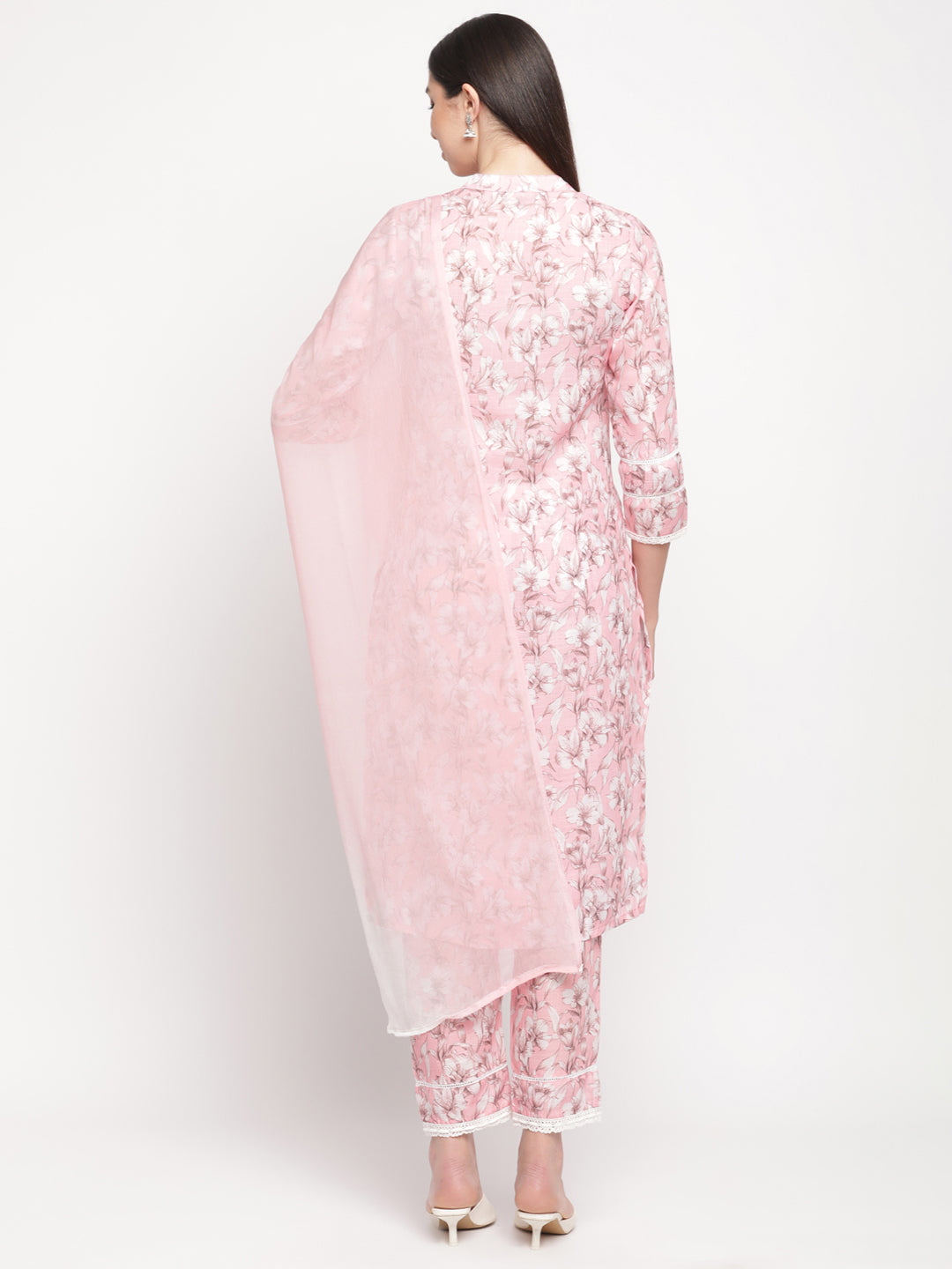 Floral Printed Pink Pintuck Kurta With Pant & With Dupatta