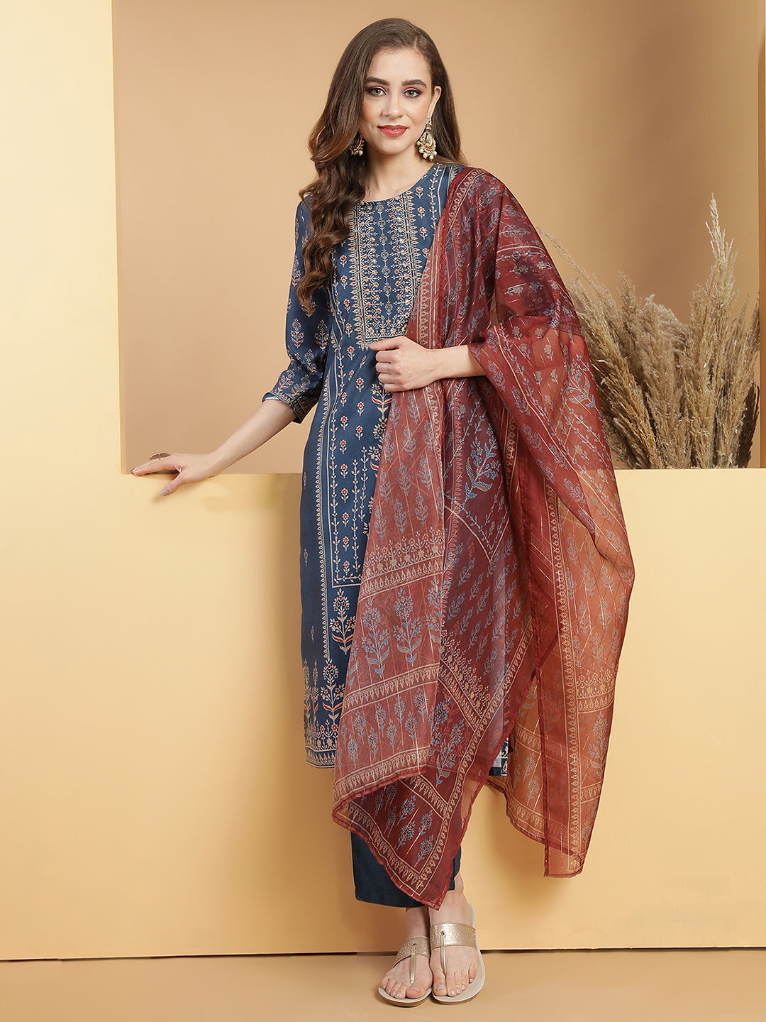 Blue placement printed kurta with trouser & with Dupatta