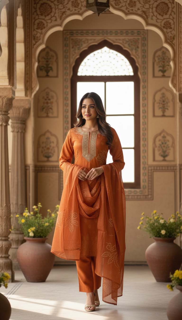 Rust Orange Tissue Chanderi Embroidered Kurta with Trousers & Dupatta