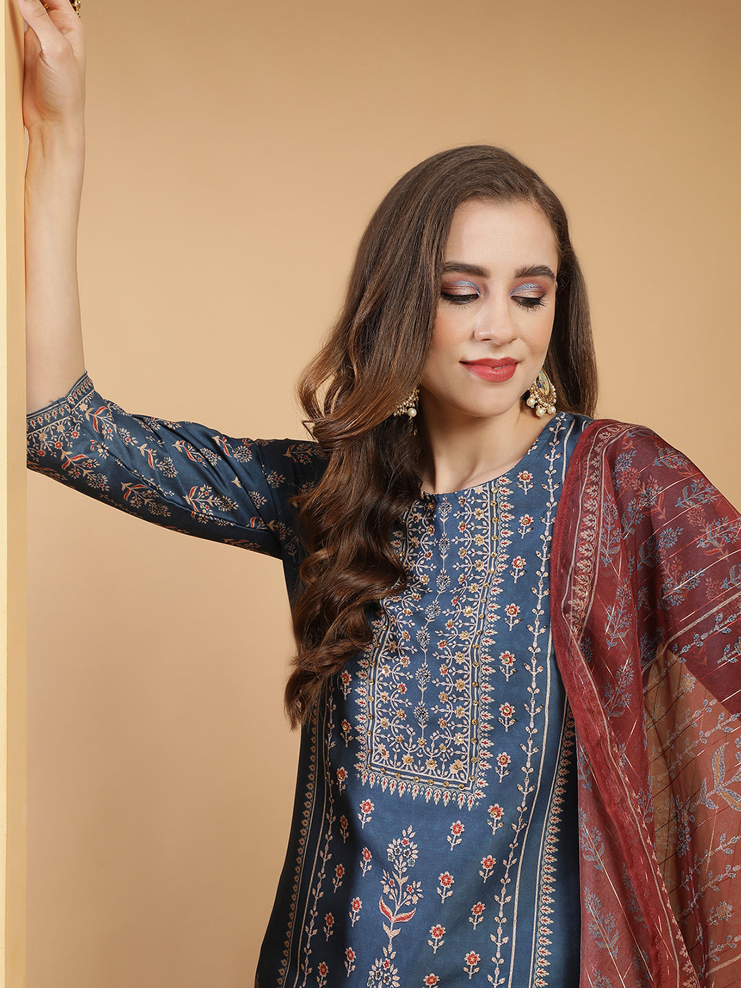 Blue placement printed kurta with trouser & with Dupatta