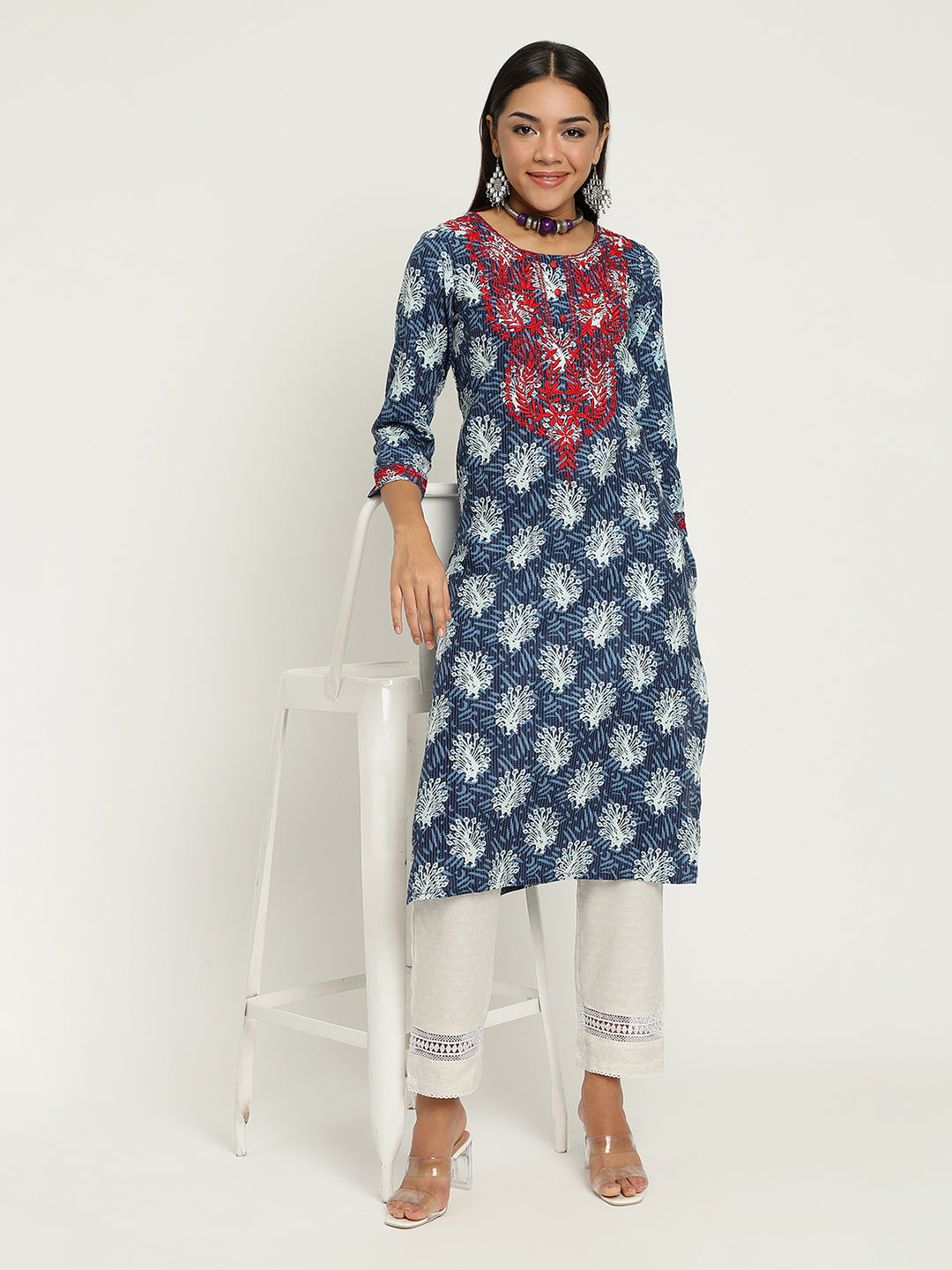 Blue Block Printed Embroidered Kurta.