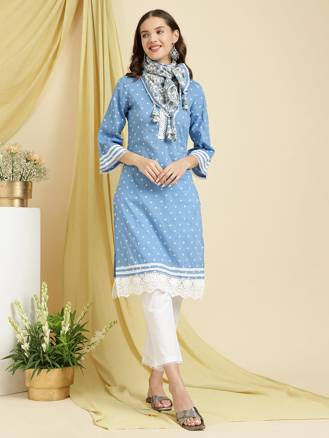 Blue Embroidered Kurta with Pant & With Scarf.