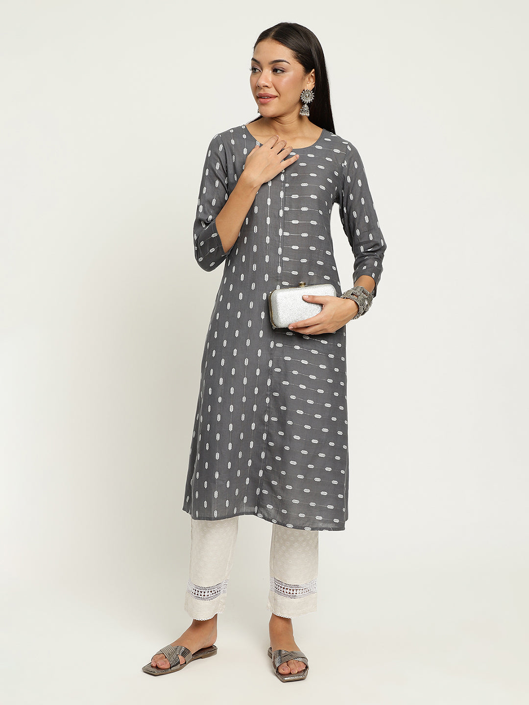 Women Grey Dobby A-Line kurta.