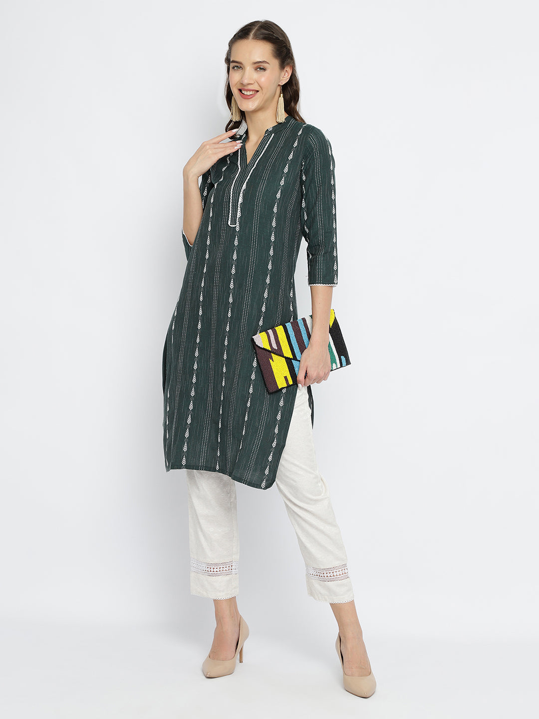 Women Green Dobby Weave Kurta.