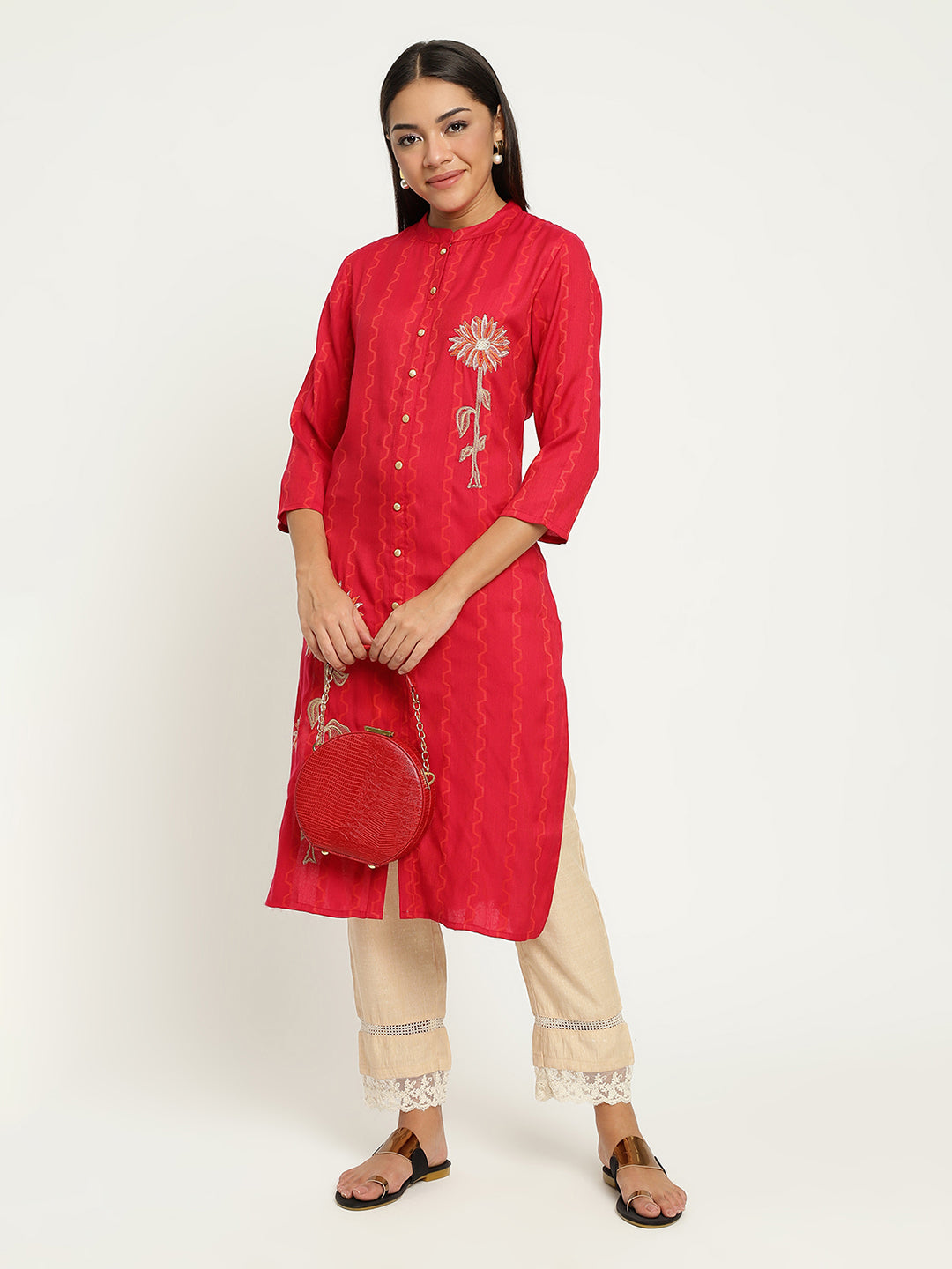 Women Red Embroidered Kurta.