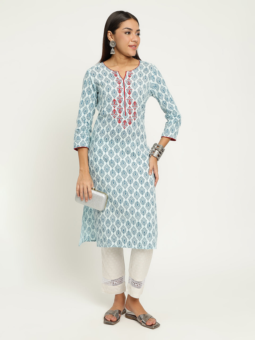 Aqua Block Printed Embroidered Kurta.