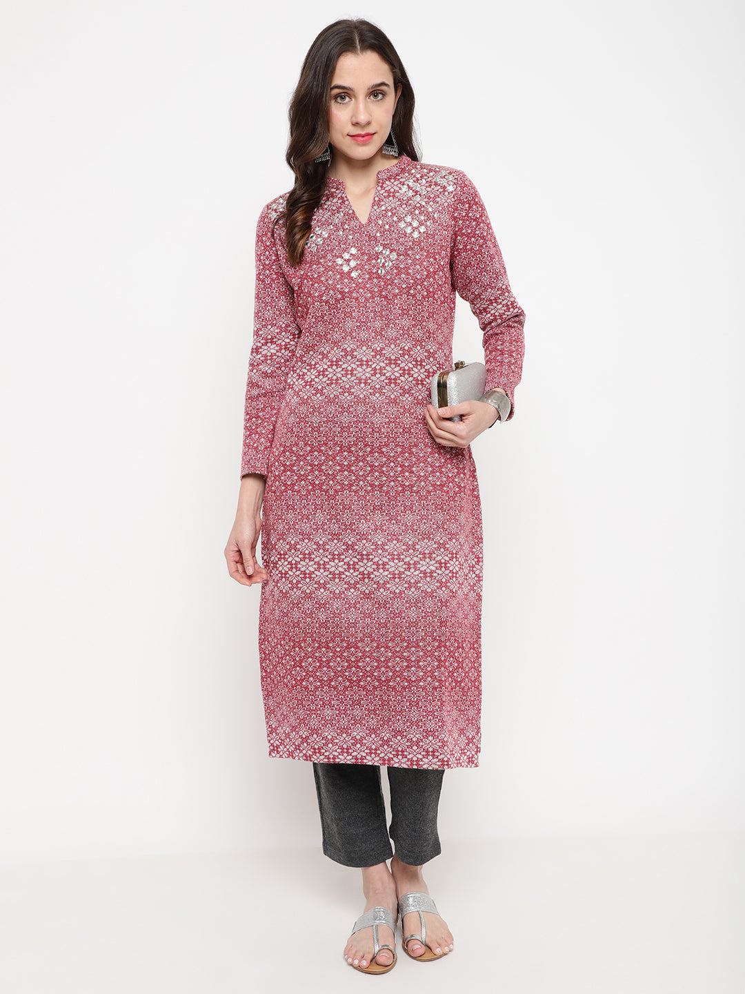 Be Indi Women Woolen Red Self Design Kurta