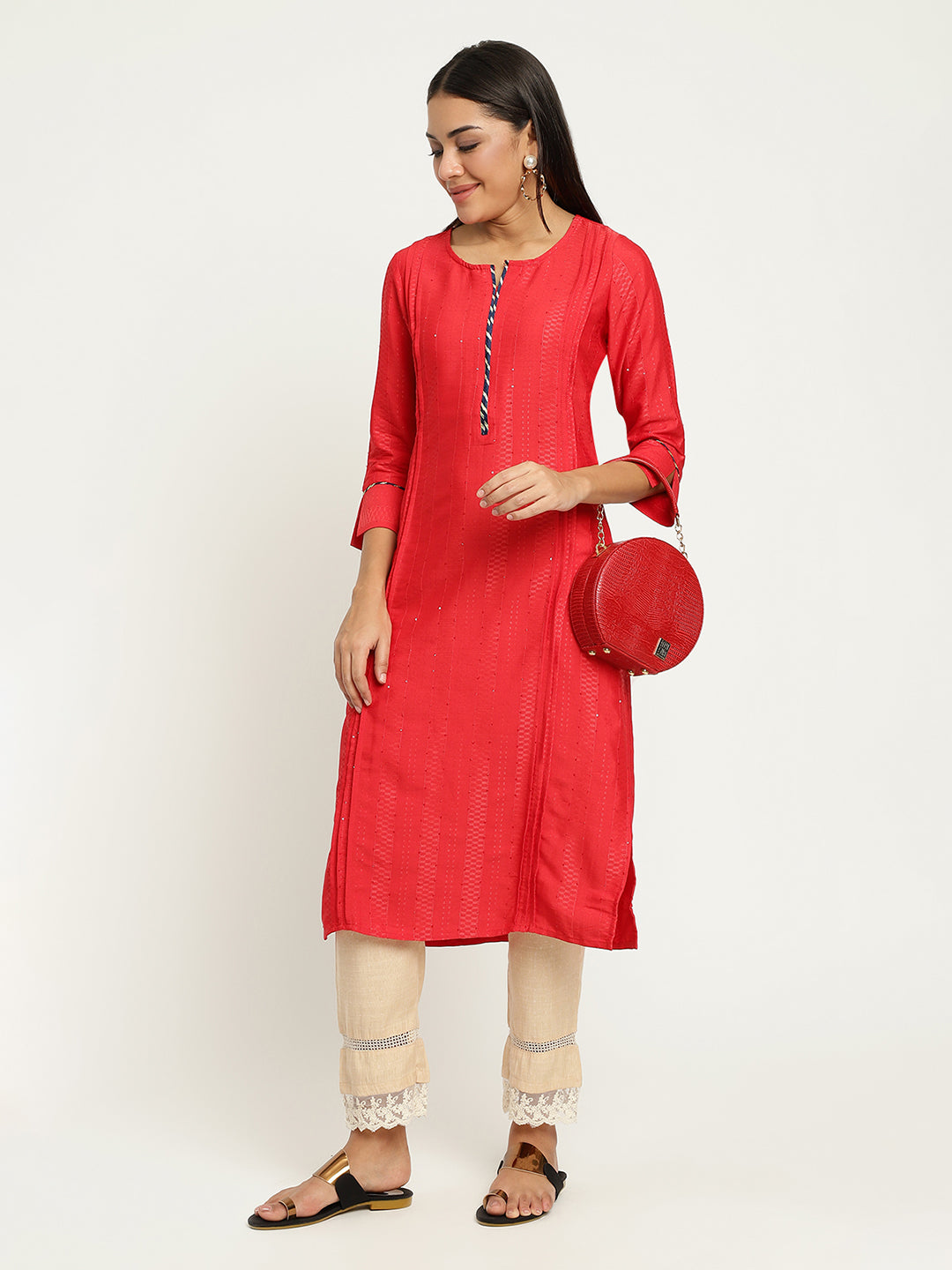 Women Red Pin-Tuck Kurta