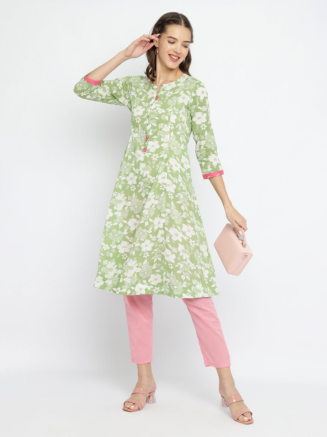Women Green floral A-Line Kurta.