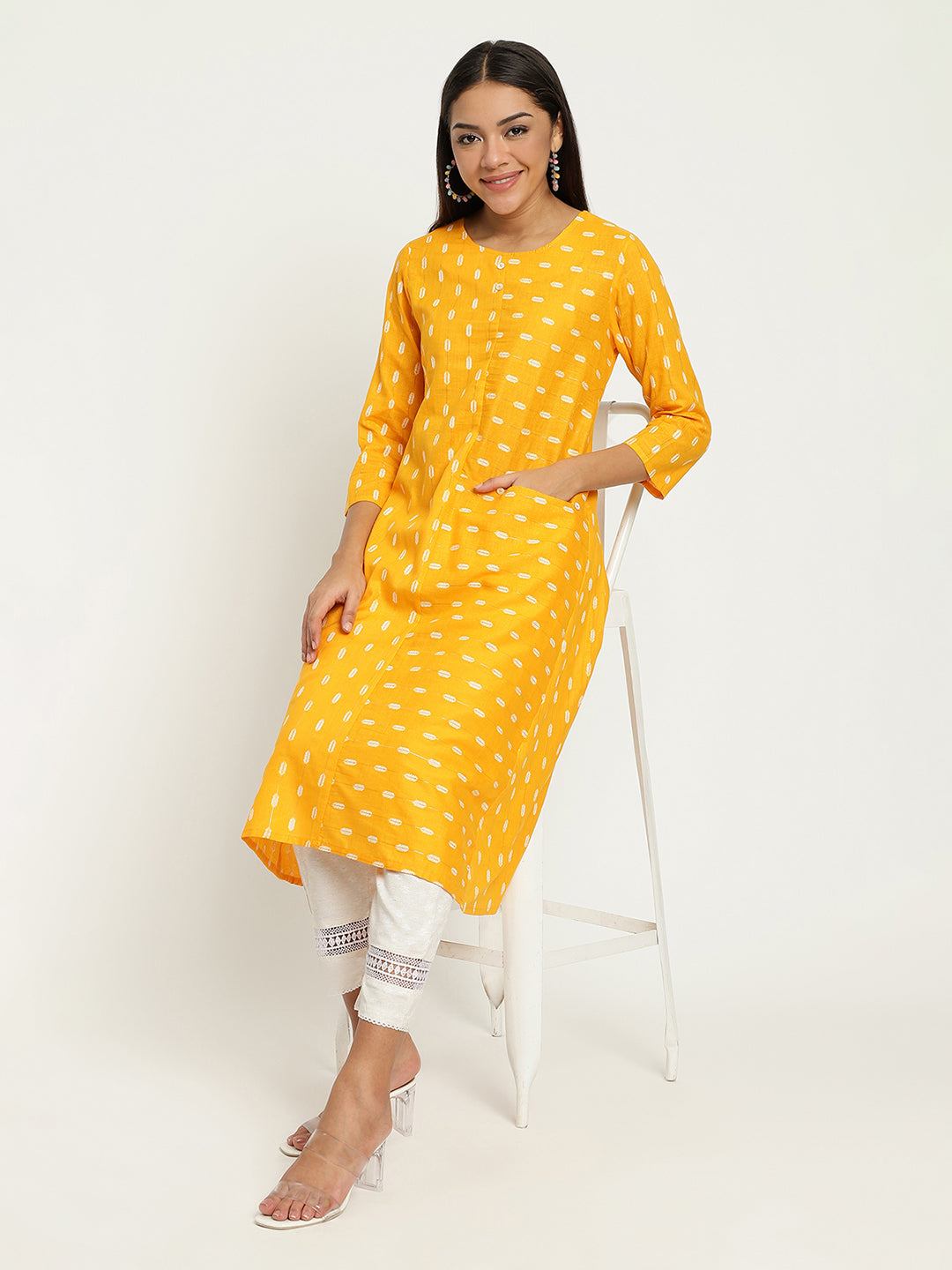 Women Yellow Dobby A-Line kurta