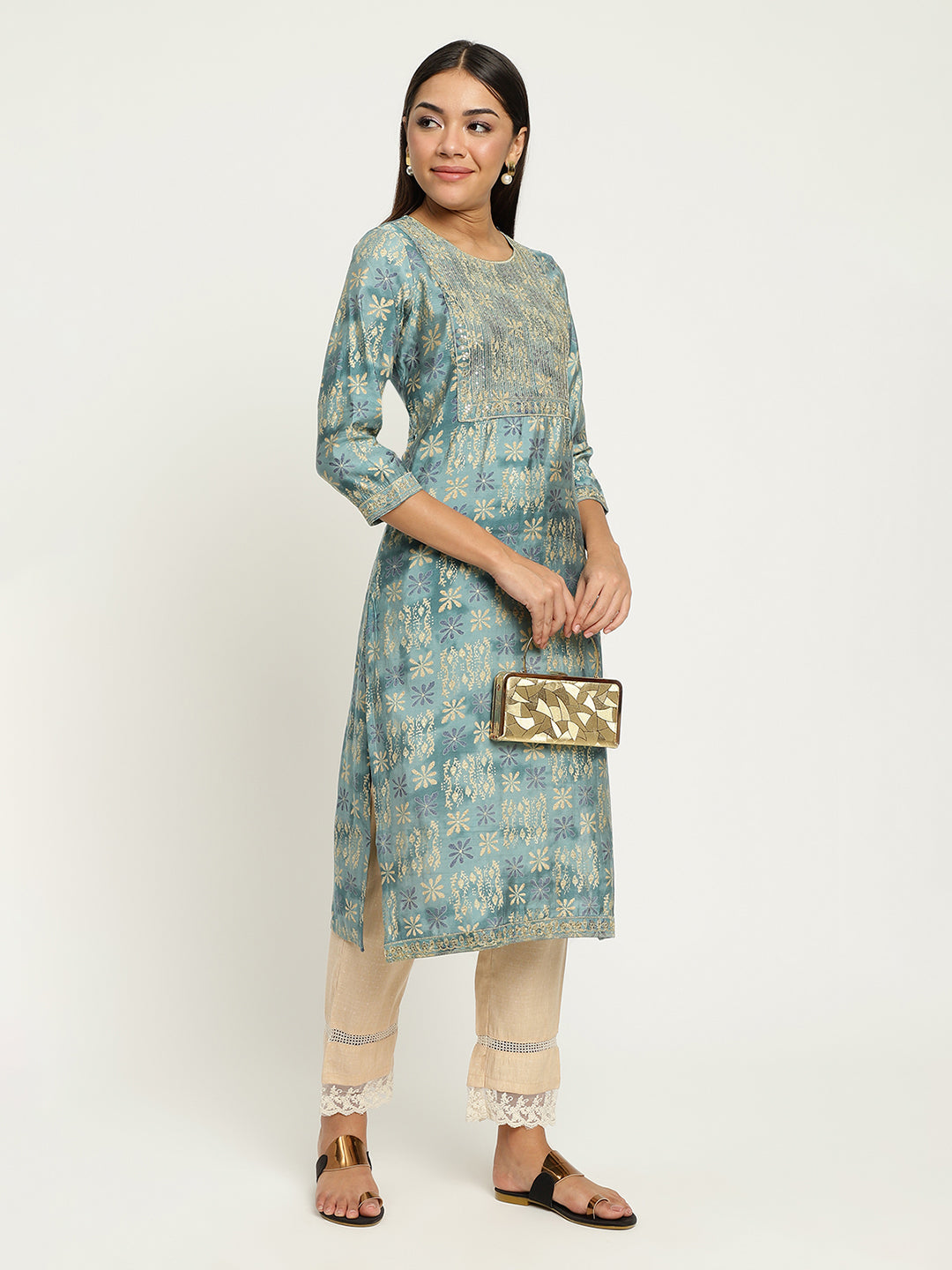 Aqua Embroidered Foil Printed kurta