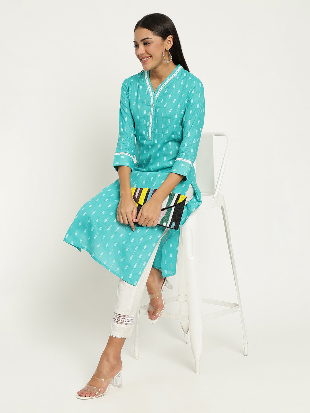 Women Turquoise Blue Dobby Kurta