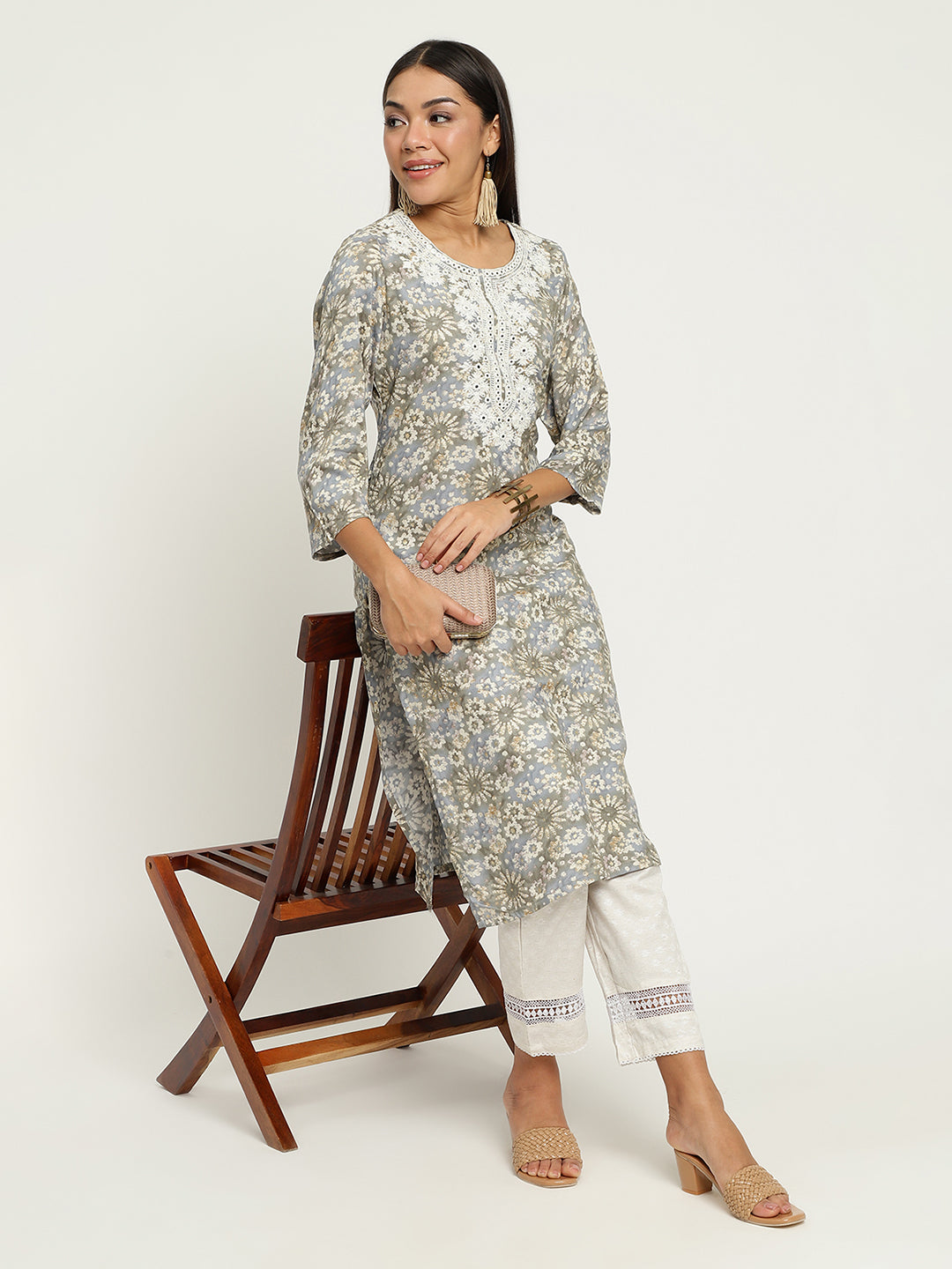 Grey Embroidered Foil Printed kurta