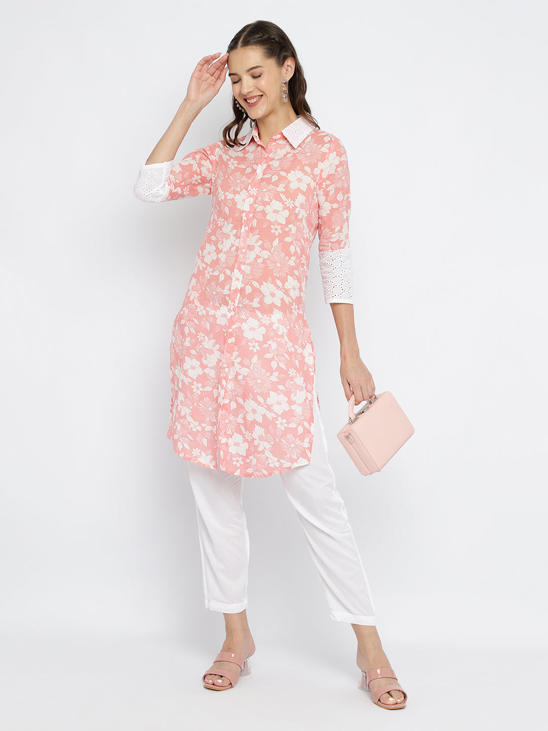 Women Coral Floral Printed Pathani Kurta.