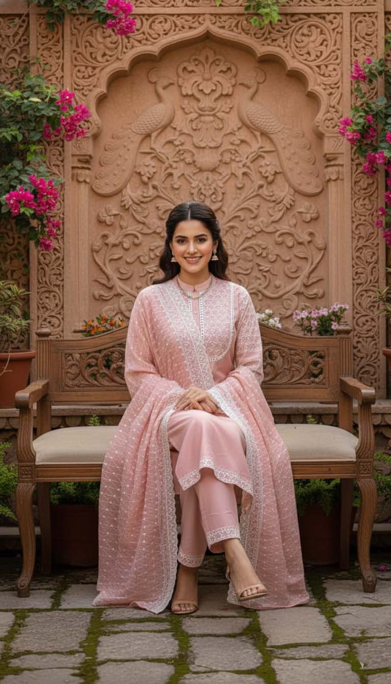 Pink Chanderi Lucknowi Embroidered Kurta with Pant & Dupatta Set