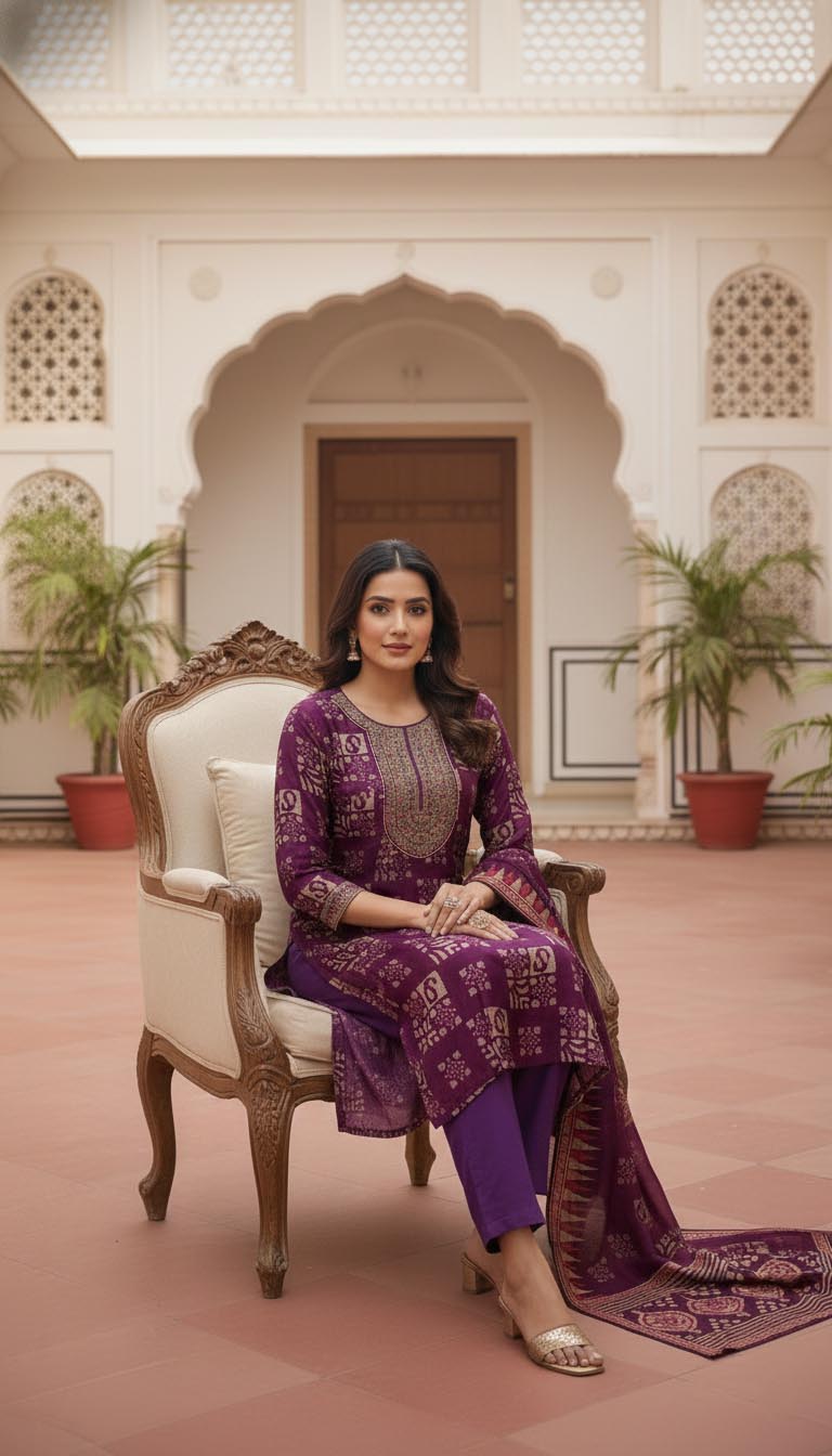 Ethnic Elegance Royal Purple Printed Kurta Set with Dupatta