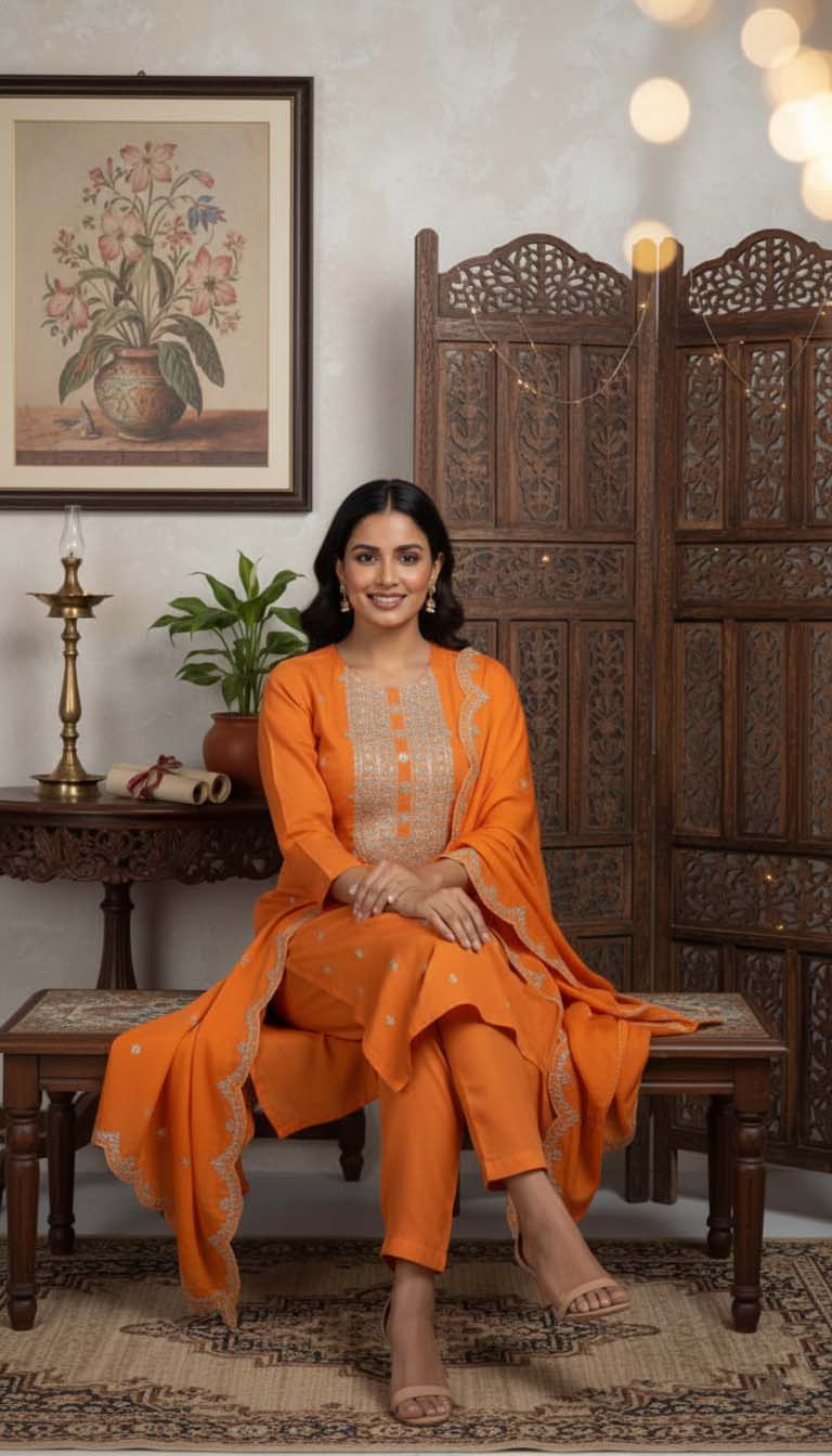 Orange Sequin Embroidered Chanderi Silk Kurta with Trousers & Scalloped Dupatta Set