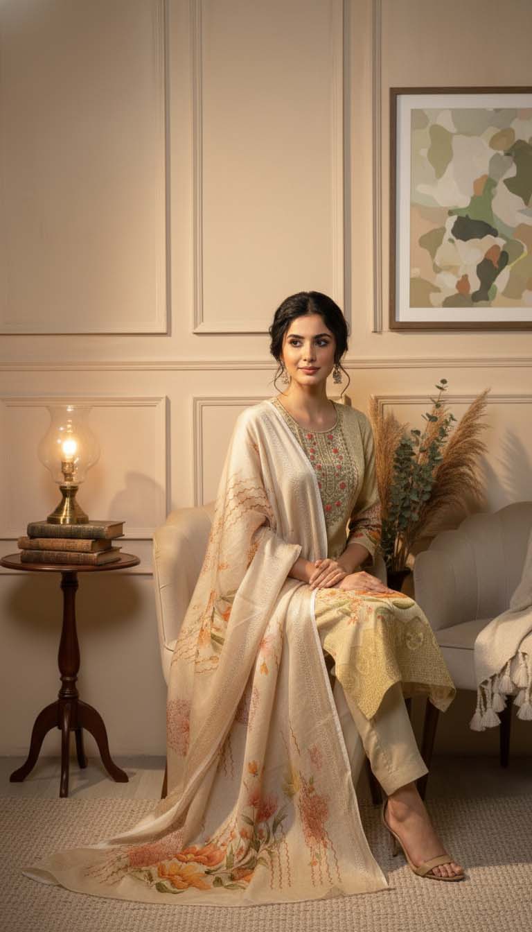Beige Chanderi Silk Floral Jacquard Kurta Set with Dupatta