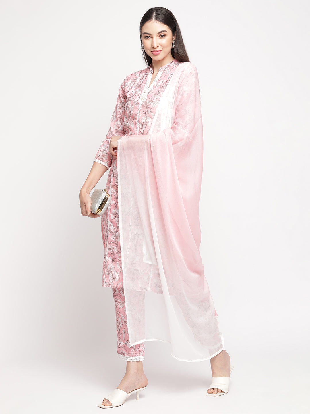 Floral Printed  Pink Pintuck Kurta With Pant & With Dupatta