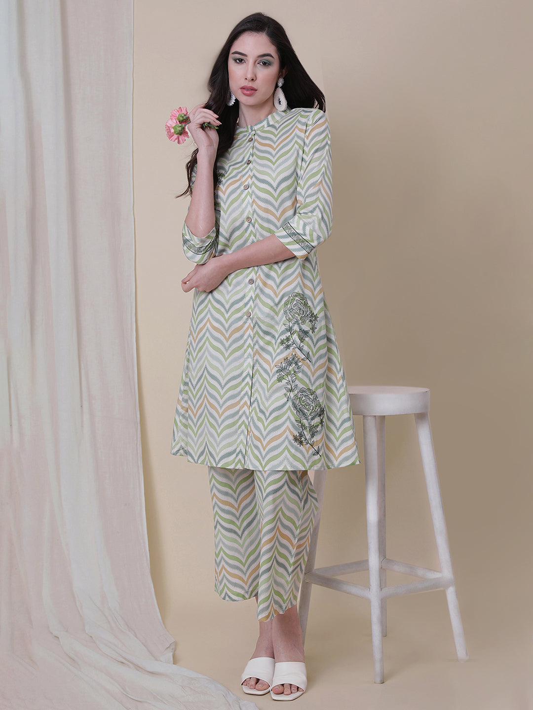 Green Embroidered A-Line Kurta With Palazzo.