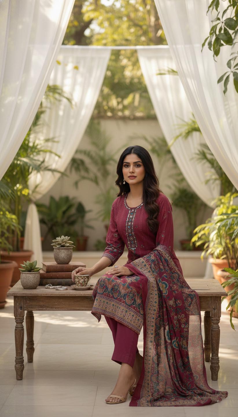 Traditional Embroidered & Printed Cotton Kurta Set with dupatta