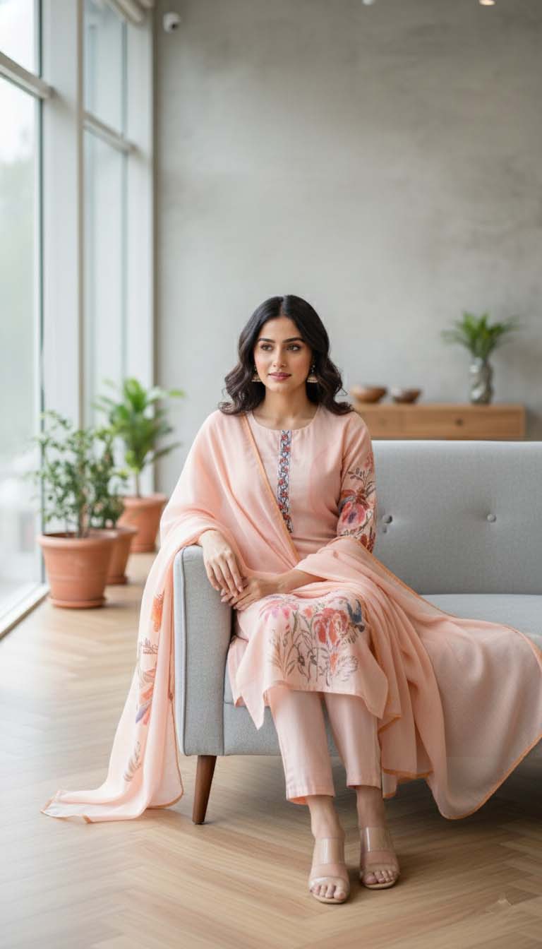 Elegant Everyday Peach Floral Printed Kurta Set With Dupatta
