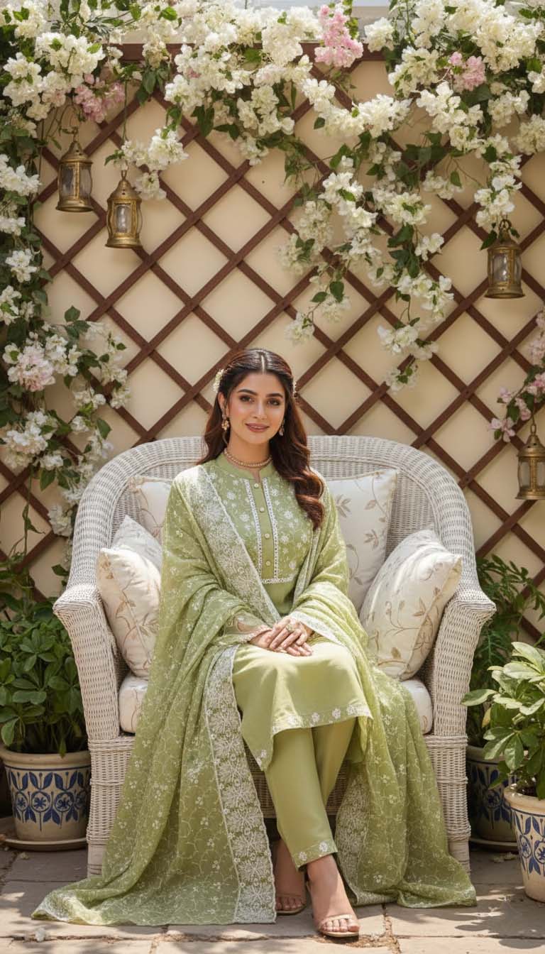 Sage Green Chanderi Lucknowi Embroidered Kurta with Pant & Dupatta Set