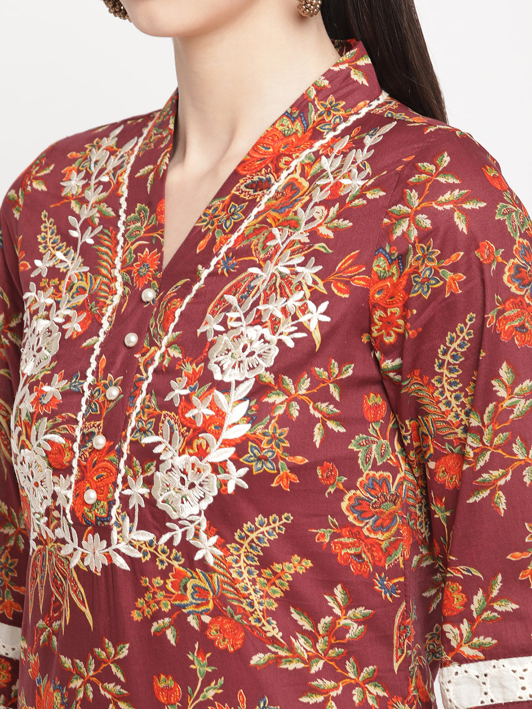 Women Floral Printed Maroon Embroidered Kurta With Pant .