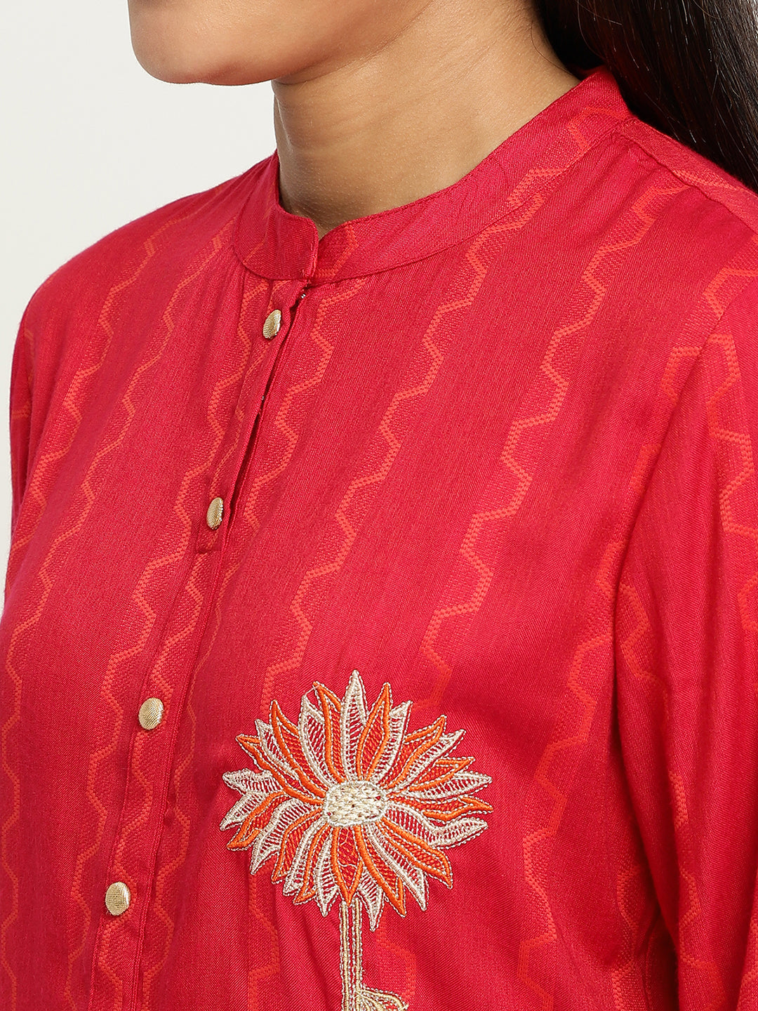 Women Red Embroidered Kurta.
