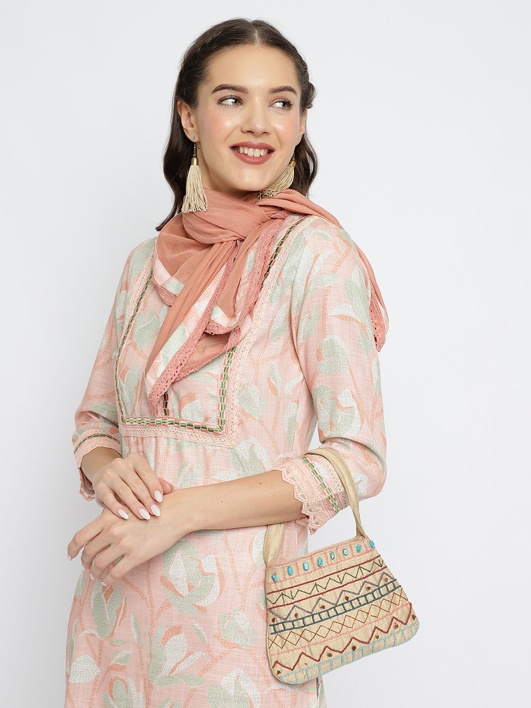 Women Peach Embroidered Kurta with Pant & with Scarf.