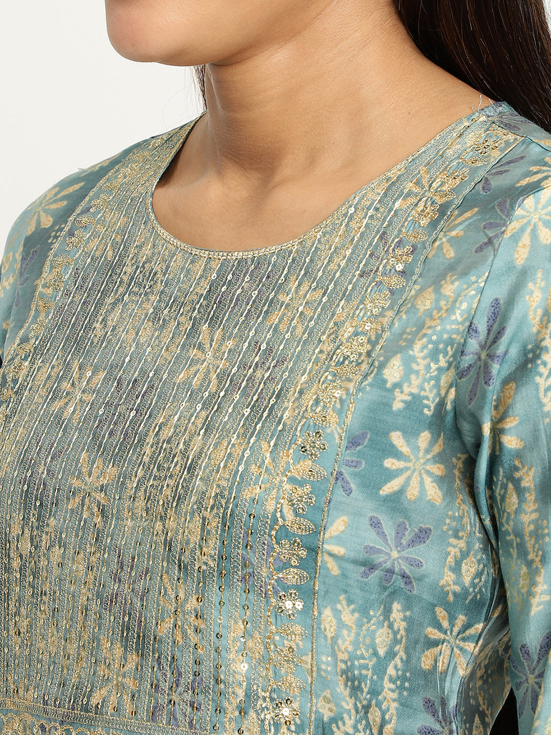 Aqua Embroidered Foil Printed kurta