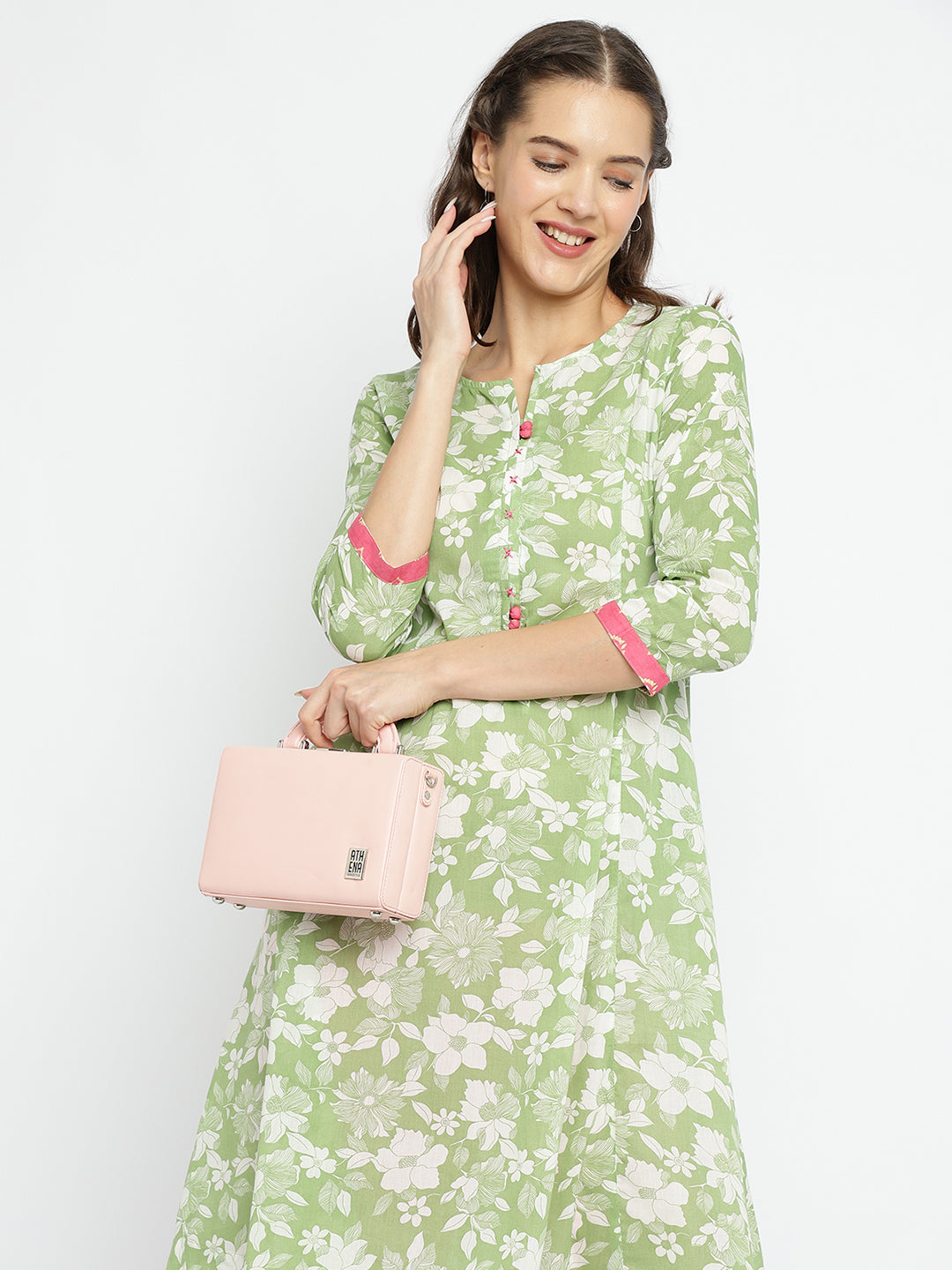 Women Green floral A-Line Kurta.