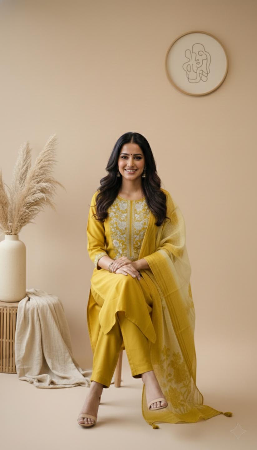 Mustard Yellow Embroidered Kurta Set with Dupatta