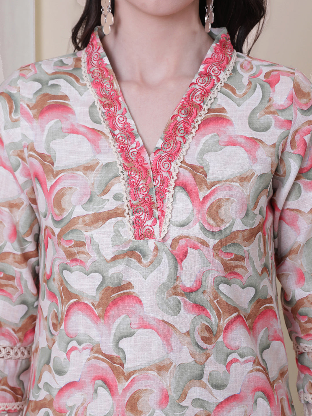 Beige Embroidered Kurta With Striaght Pant