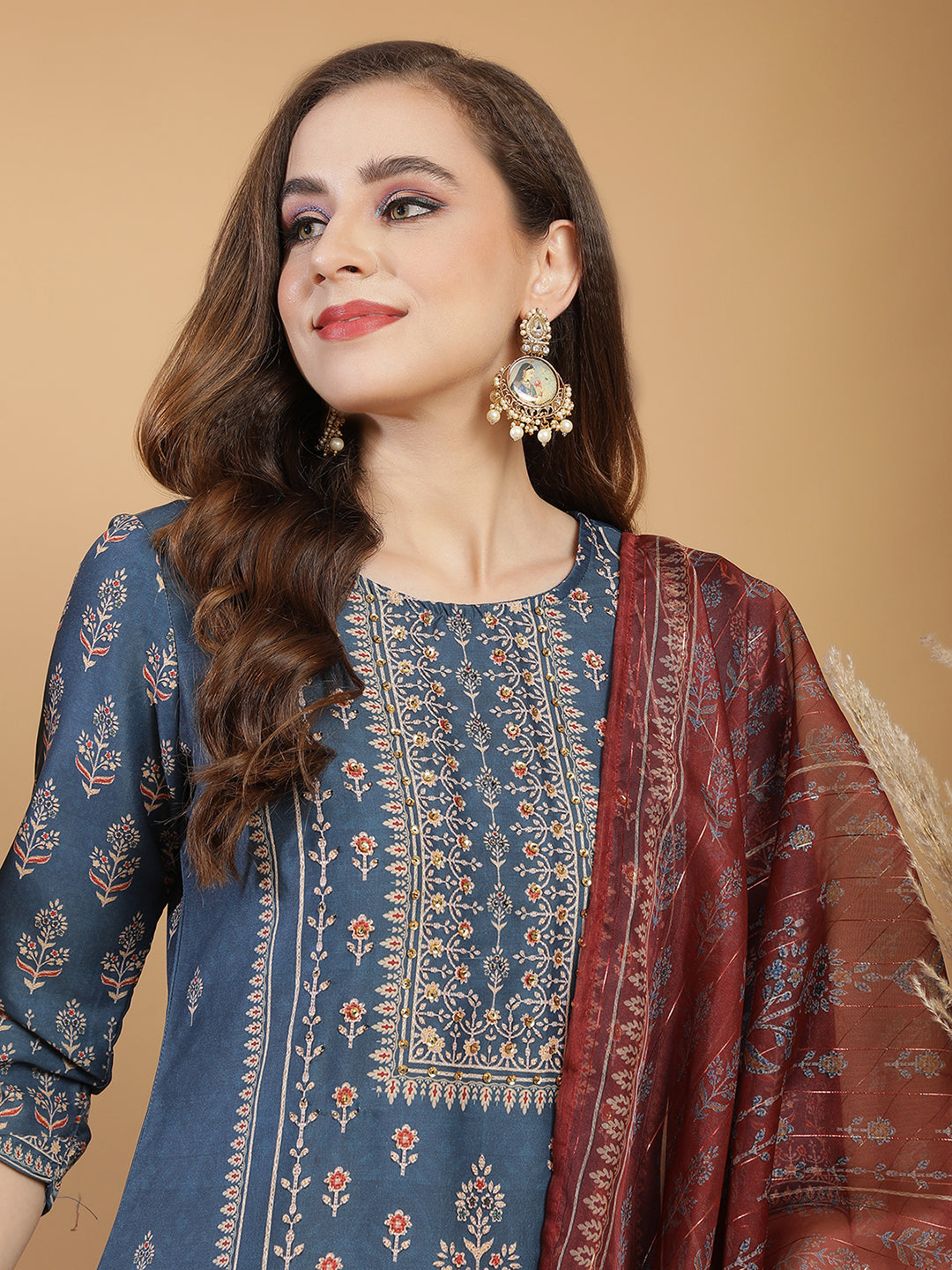 Blue placement printed kurta with trouser & with Dupatta