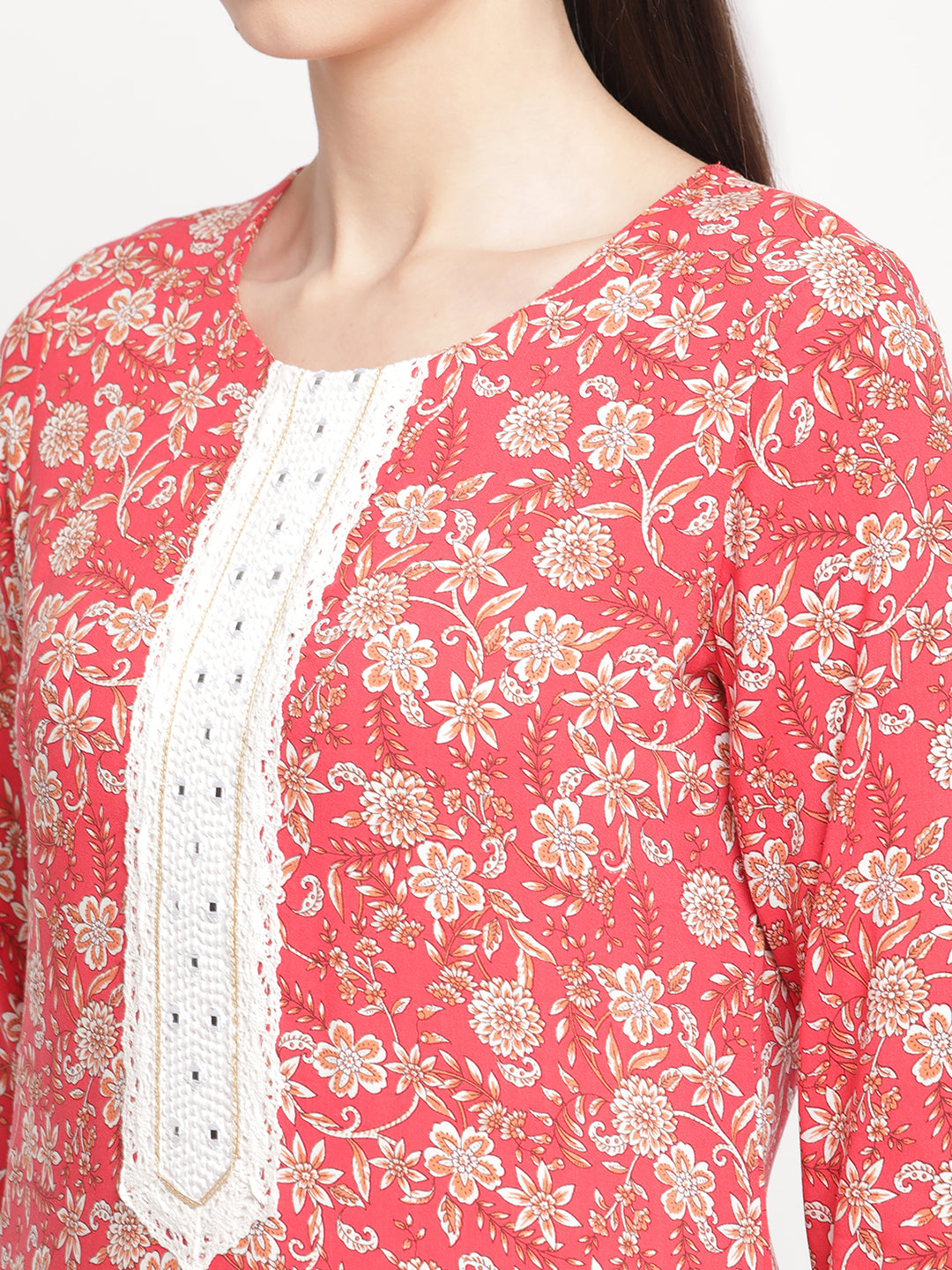 Women Red floral Printed Straight kurta.