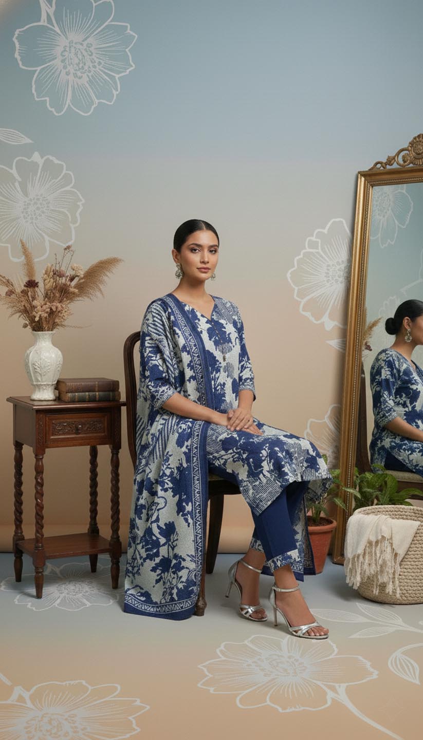 Elegant Indigo & Ivory Printed Kurta Set