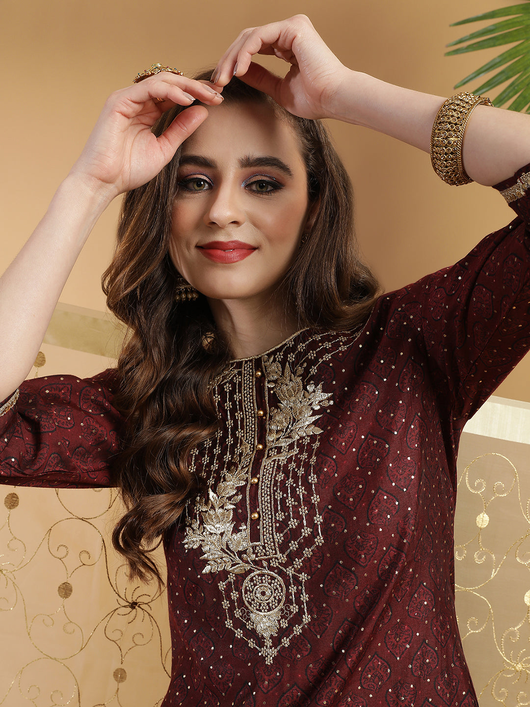 Maroon Embroidered Kurta With Sharara & With Dupatta.