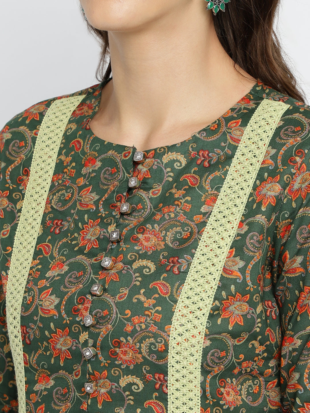 Women Green Ethnic Printed A-Line Kurta with pant & with dupatta