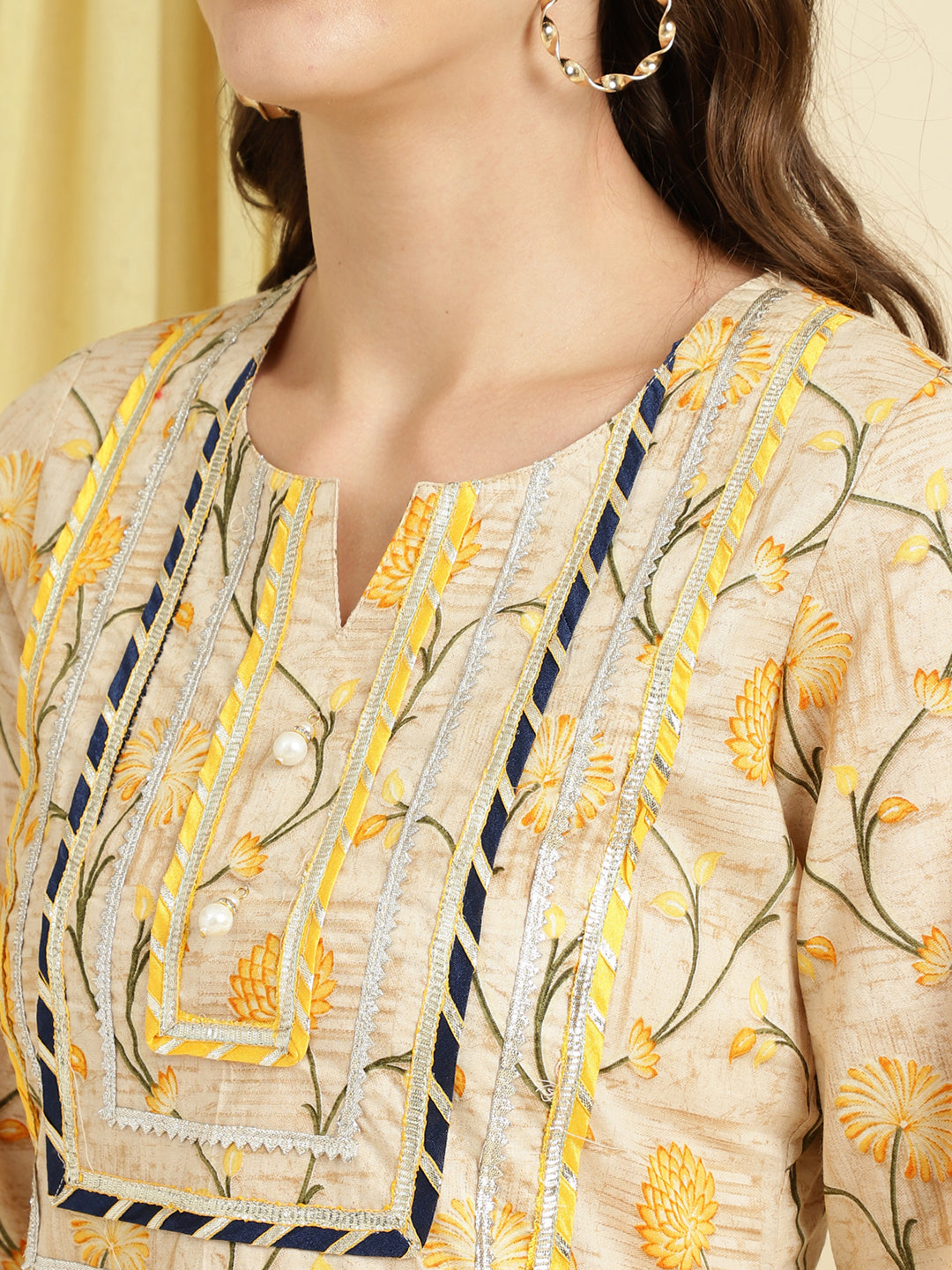 Cotton Yellow Floral Kurta set.