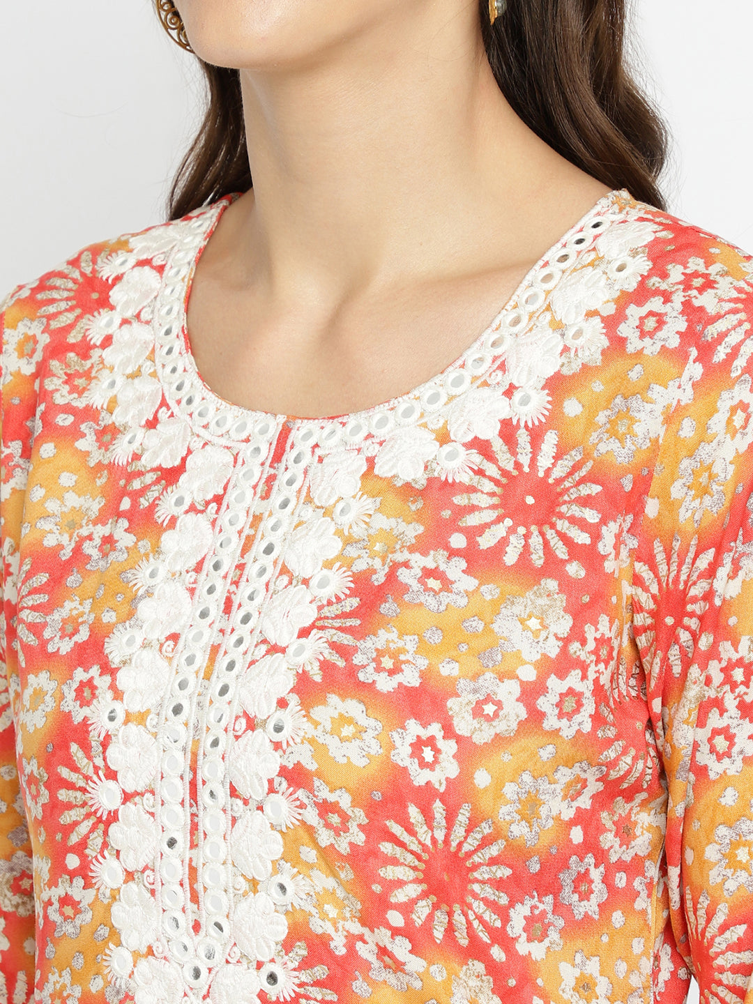 Women Orange Floral Foil Printed Embroidered Kurta.