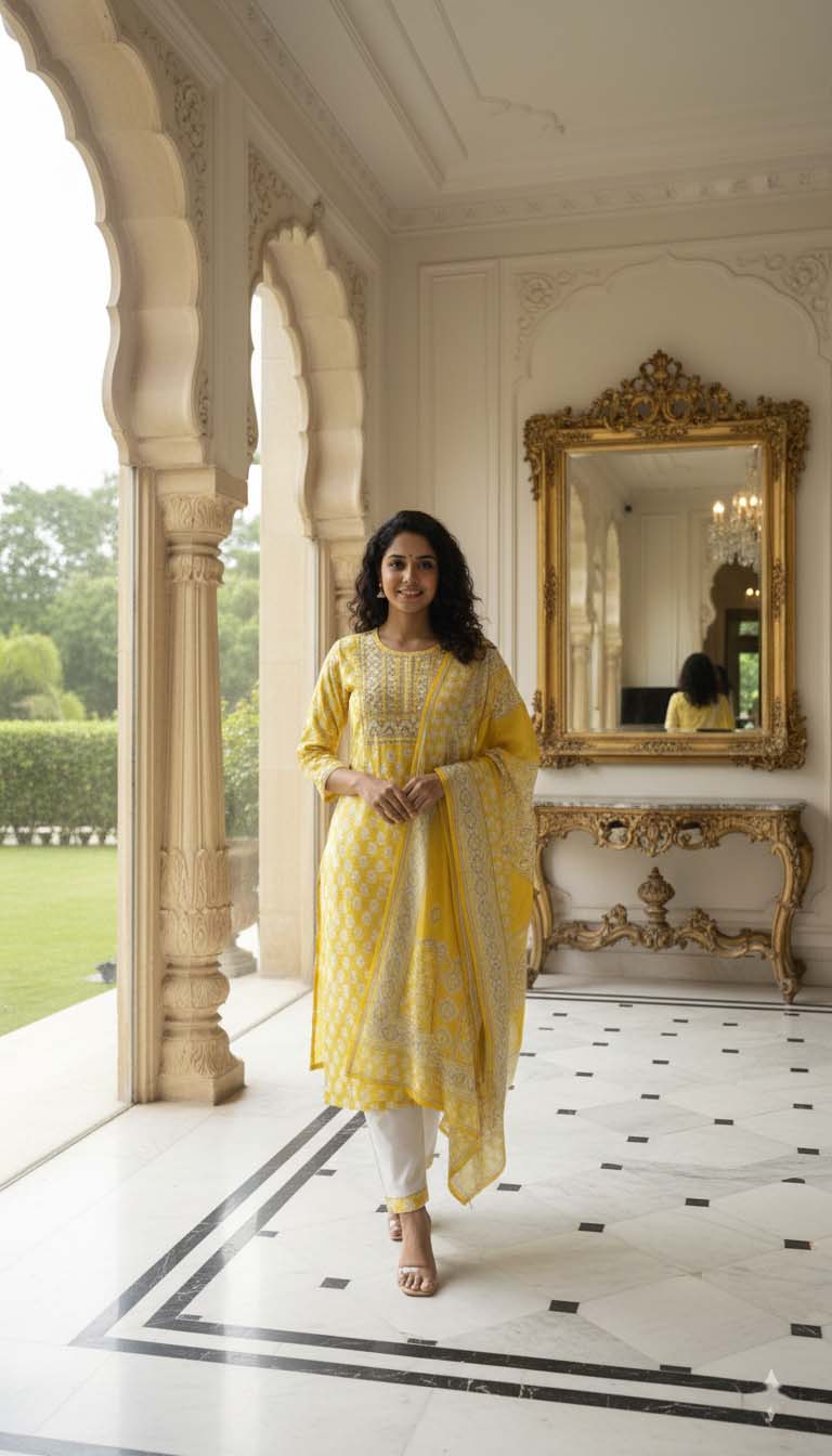 Sunshine Yellow Printed Straight Kurta Set with Dupatta