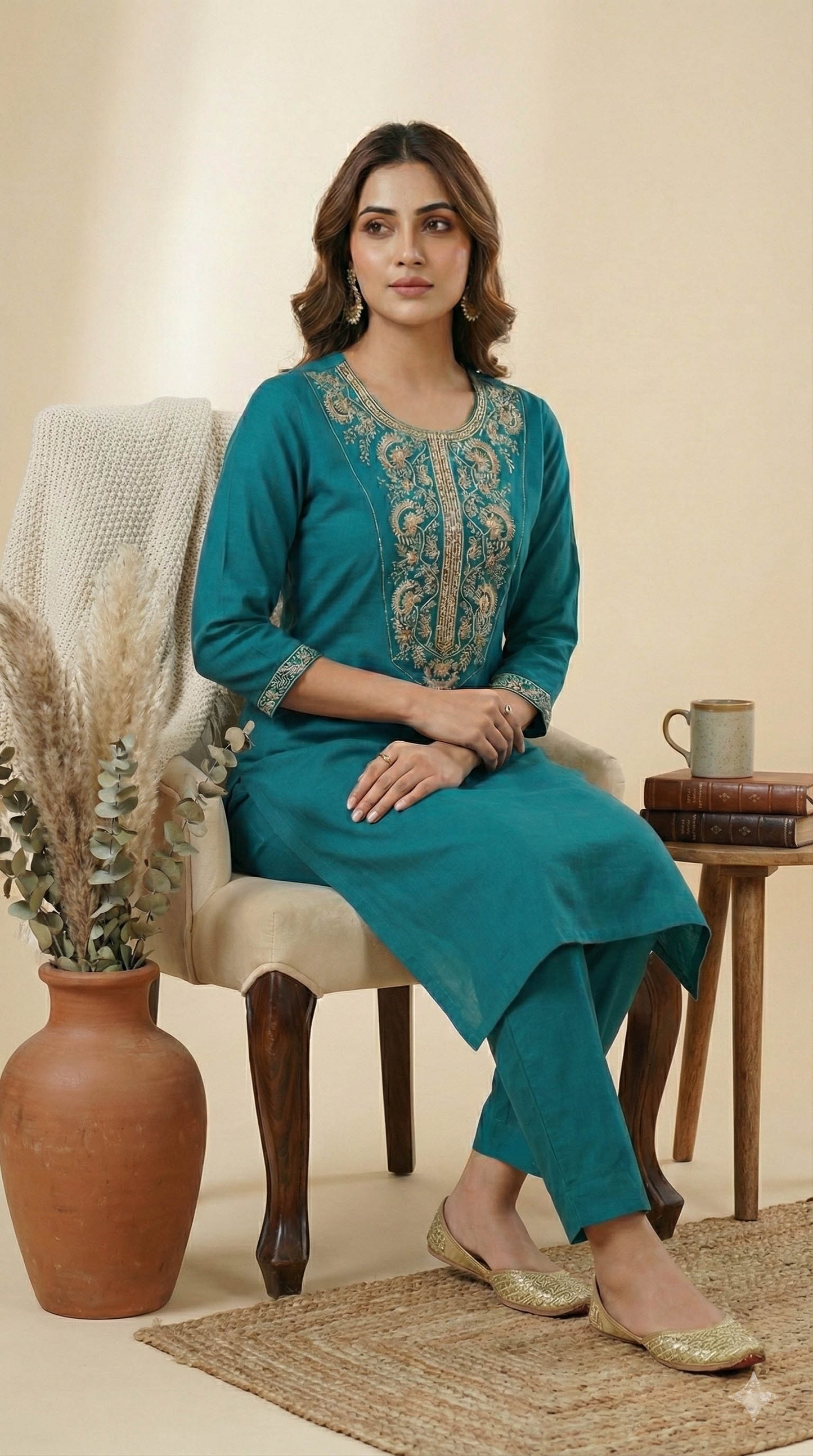 Turquoise Blue Viscose Blend Kurta with pant