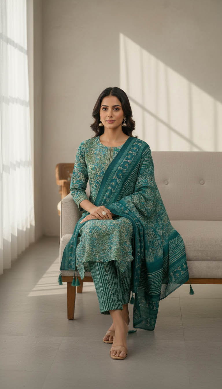 Turquoise Rayon Printed Kurta Set with Dupatta