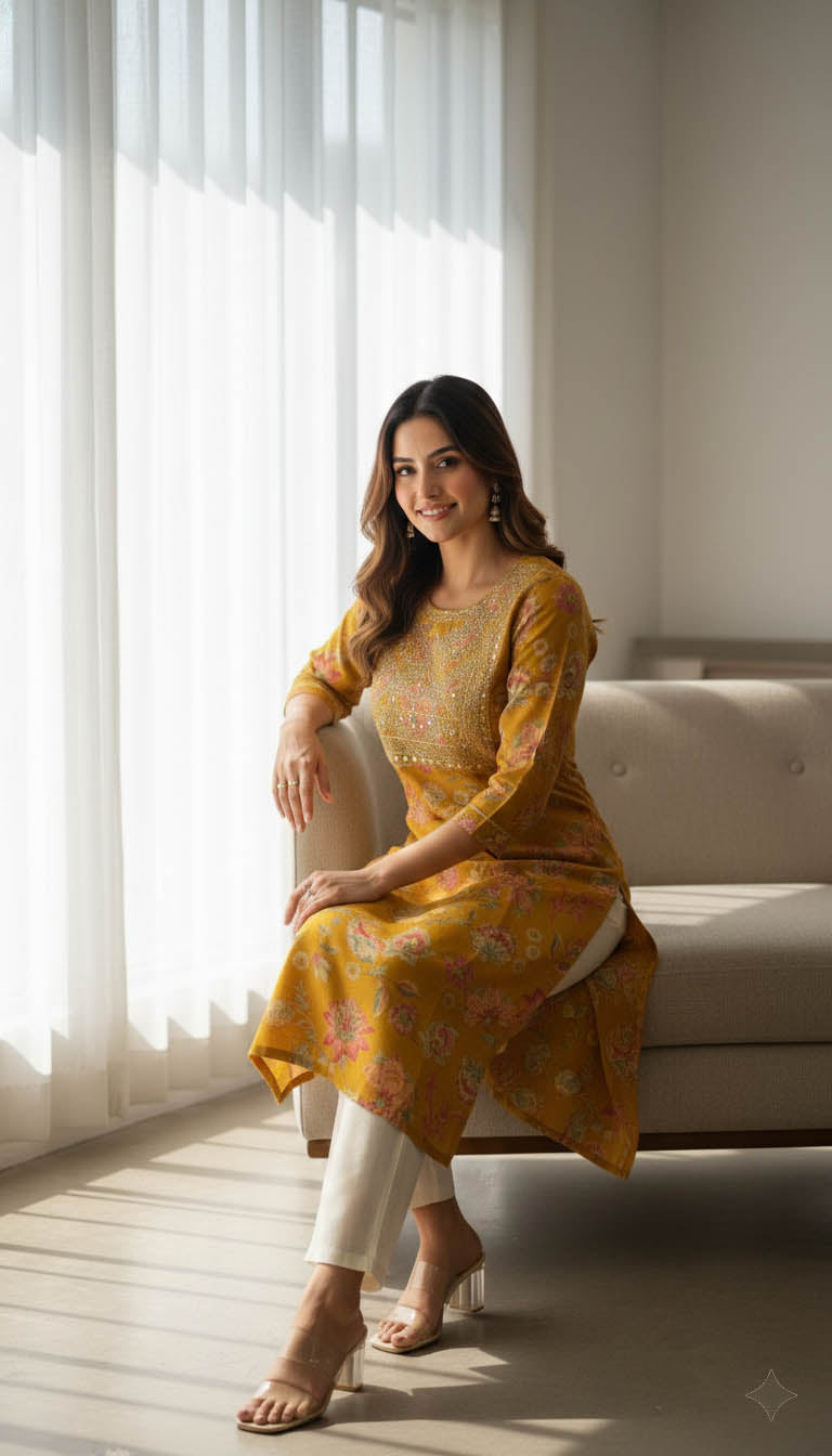 Yellow Embroidered Straight Fit Kurta