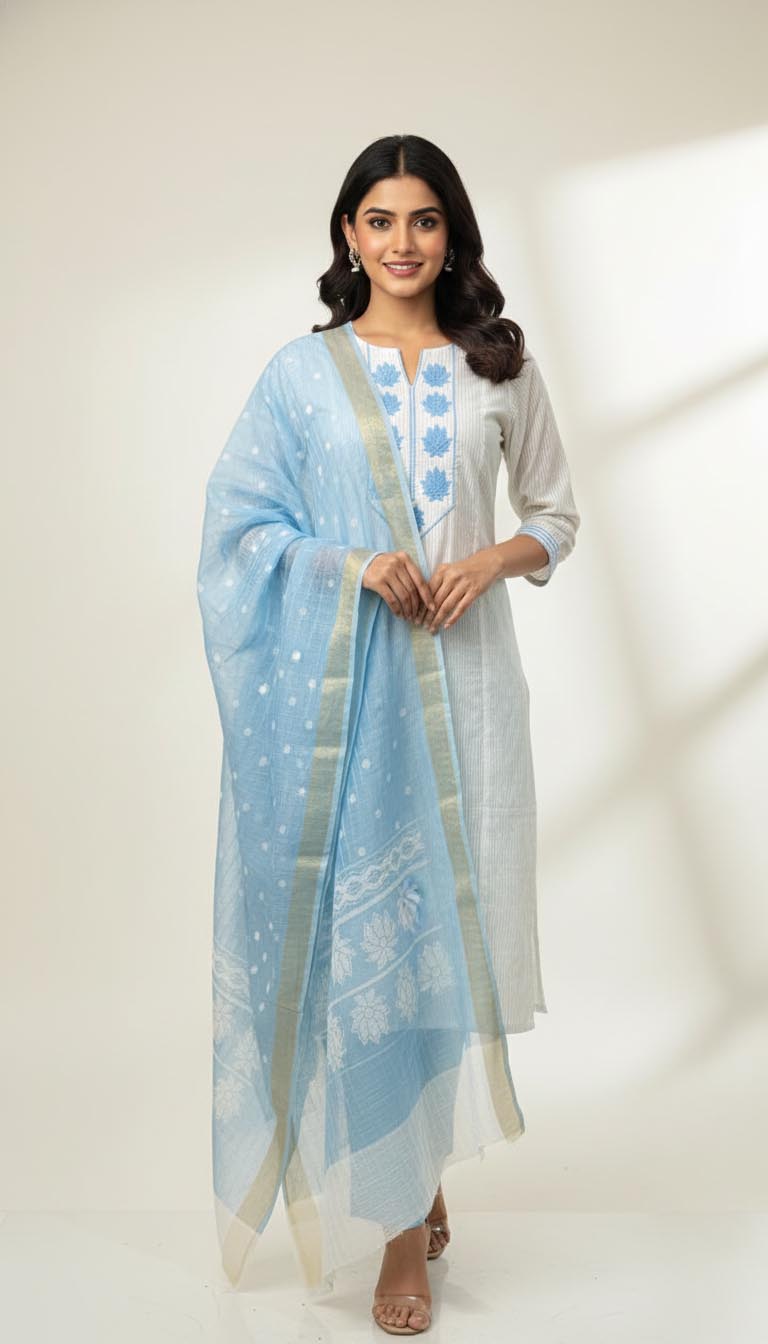 Elegant White & Blue Cotton Kurta Set with Dupatta